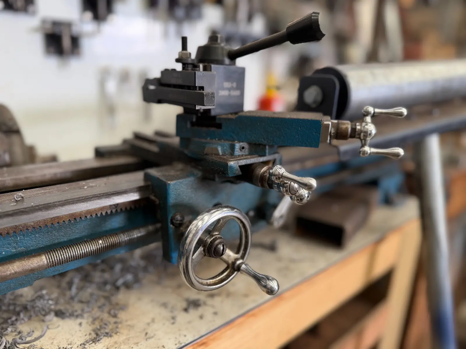 Close view of a metalworking lathe