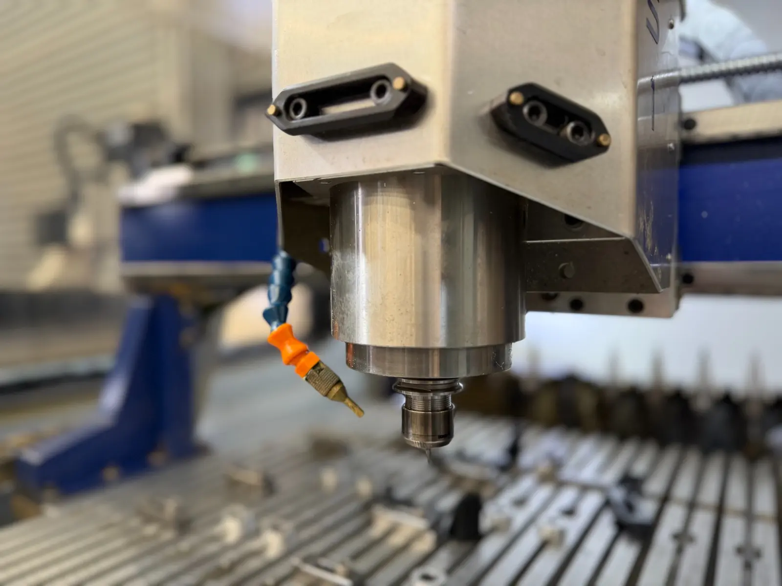 Close view of a CNC machine spindle